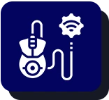 Icon of a blue digital or technological motif, featuring a central node connected to three surrounding nodes, on a lighter blue square background